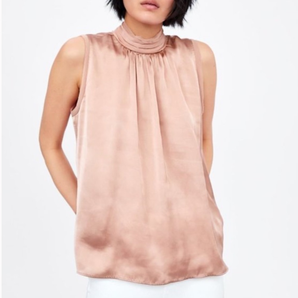 Zara NWOT rose gold pink satin top XS